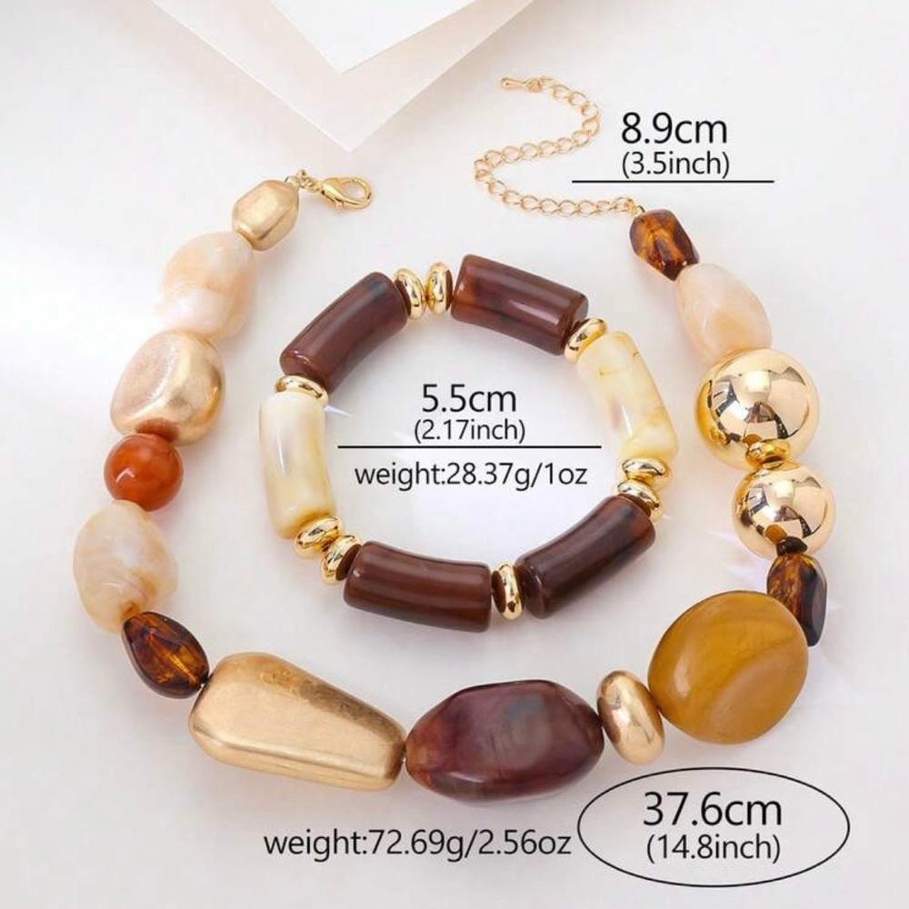 Boho Brown & Gold Beaded Necklace and Bracelet Set - Picture 2 of 4